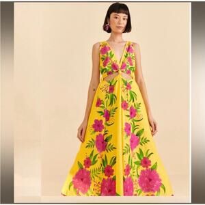 Farm Rio Knotted Cutout Waist Midi Dress Romantic Garden Yellow